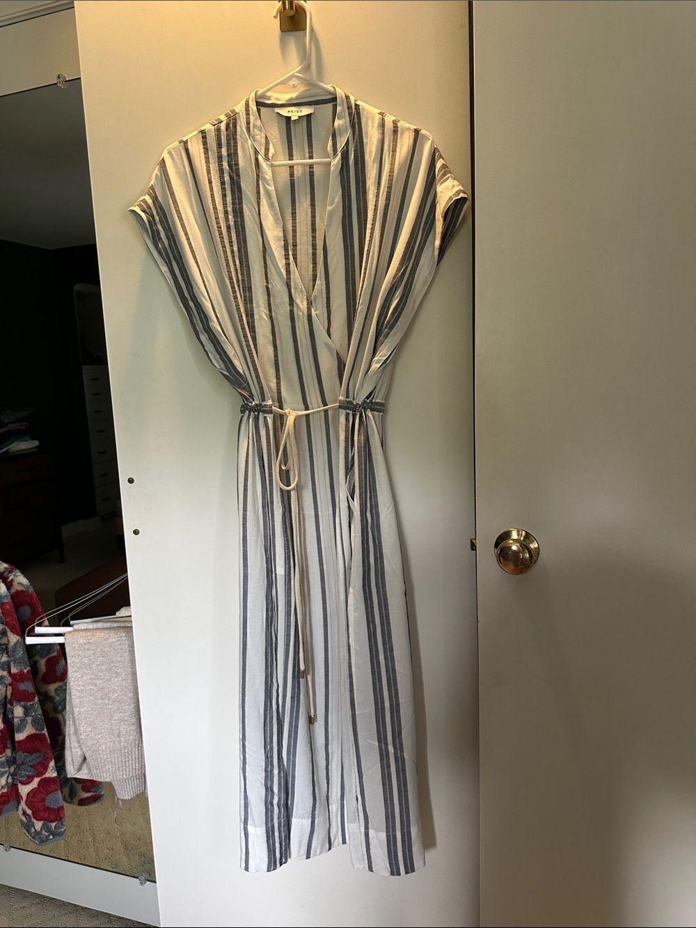 Reiss White & Navy Striped Tie-Waist Maxi Dress